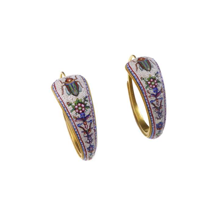 Pair of micromosaic and gold hoop panel earrings